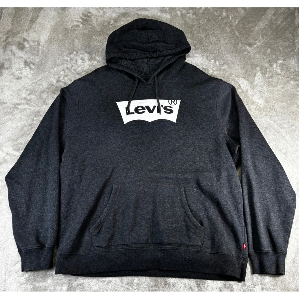 VTG Levi's Batwing Logo Hoodie Mens XXL Charcoal Grey Fleece Pullover Graphic